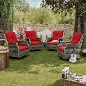 Wicker Outdoor Patio Recliner with Red Cushions and 360-Degree Swivel - Ergonomic Design, Handwoven PE Rattan (4