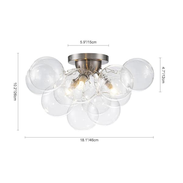 Orbis 18 in. W 3-Light Modern Nickel Semi-Flush Mount Dimmable Cluster Froyer Ceiling Light with Clear Glass Shade
