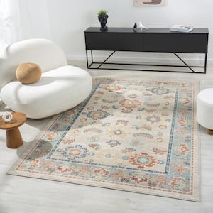 Iviana Ivory/Blue 7 ft. 10 in. x 9 ft. 10 in. Contemporary Power-Loomed Border Rectangle Area Rug