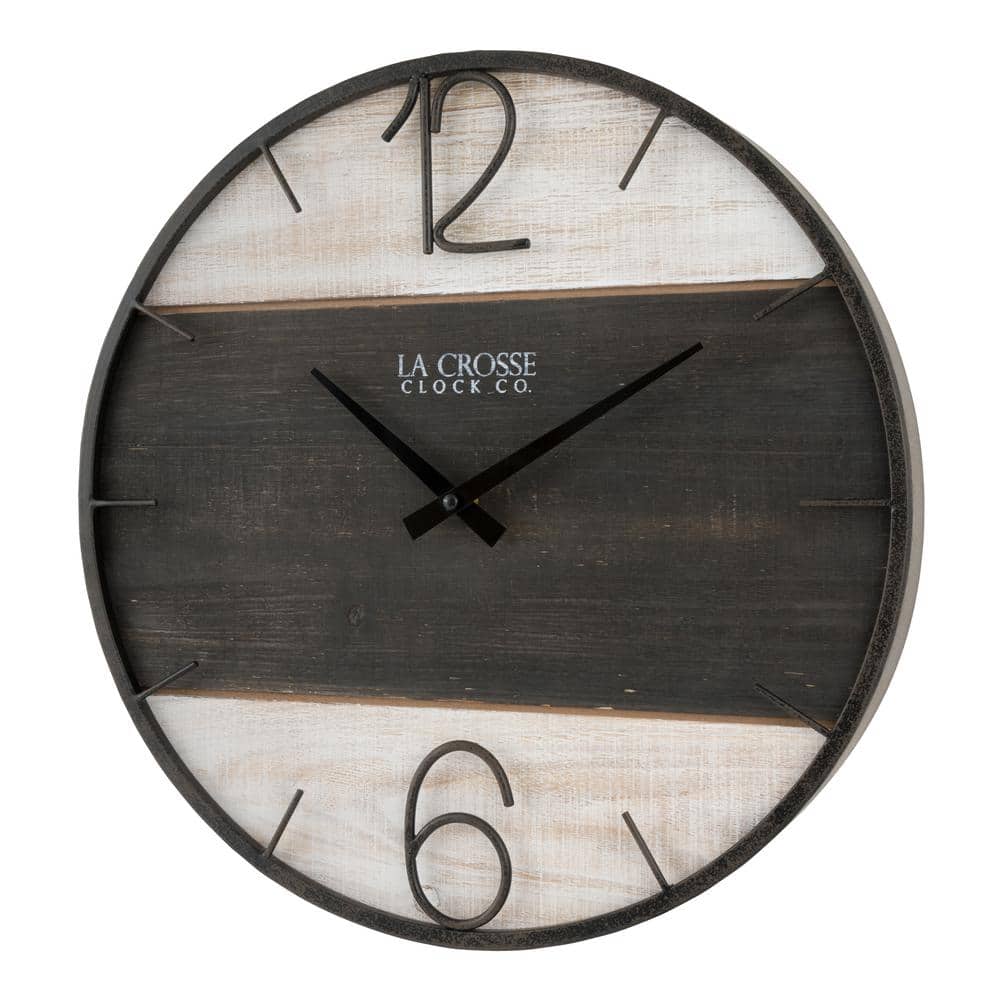 16" Brown and Off-White Metal and Wood Round Wall Clock