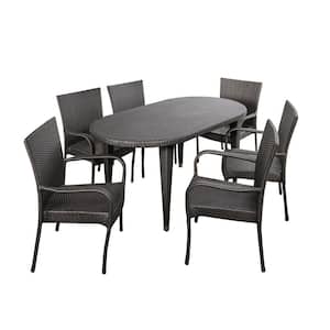 Jayson Grey 7-Piece Faux Rattan Oval Outdoor Dining Set with Stackable Chairs