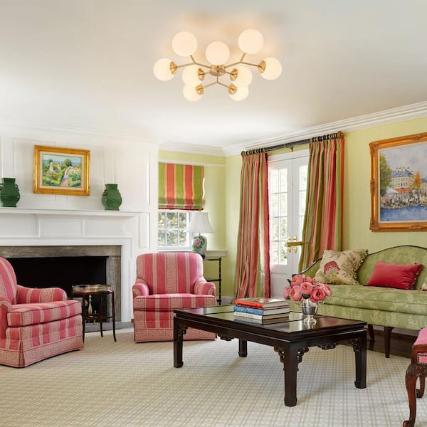 Lucie 31.5 in. 9-Light Brass Modern Sputnik Semi-Flush Mount Ceiling Light with Globe Glass Shades