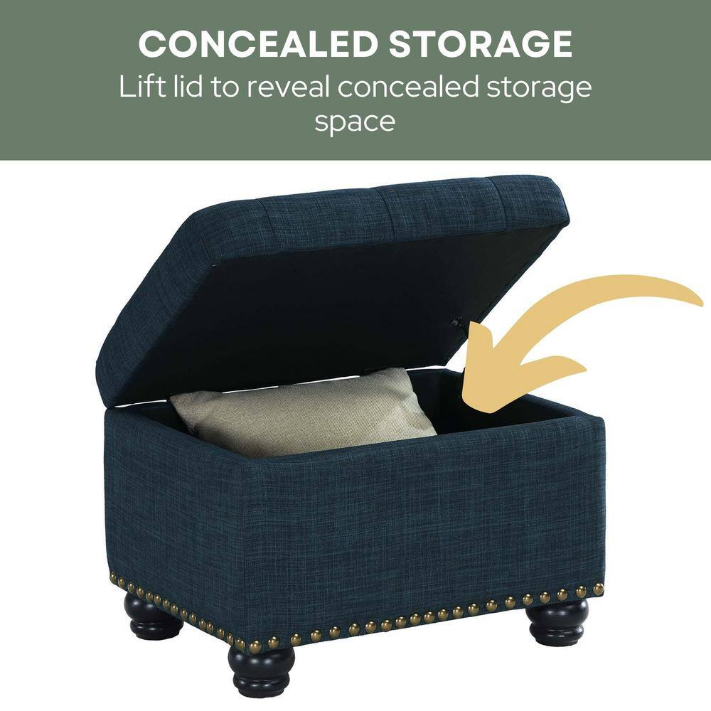 Elegant Dark Blue Tufted Storage Ottoman with Antique Nailhead Trim