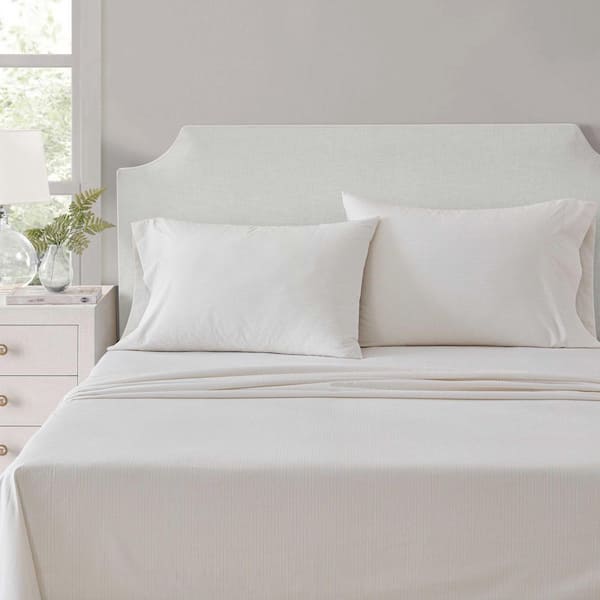 MS Stripe 4-Piece White/Alder Percale Cotton King Sheet Set