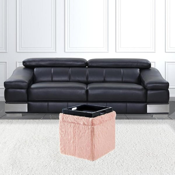 HomeRoots Blush Faux Fur Square Storage Ottoman