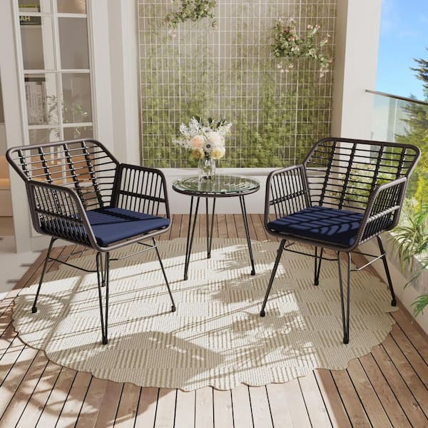 Gardenbee 3-Piece Wicker Outdoor Patio Conversation Set with Lonuge Chair, Round Table and Blue Cushion