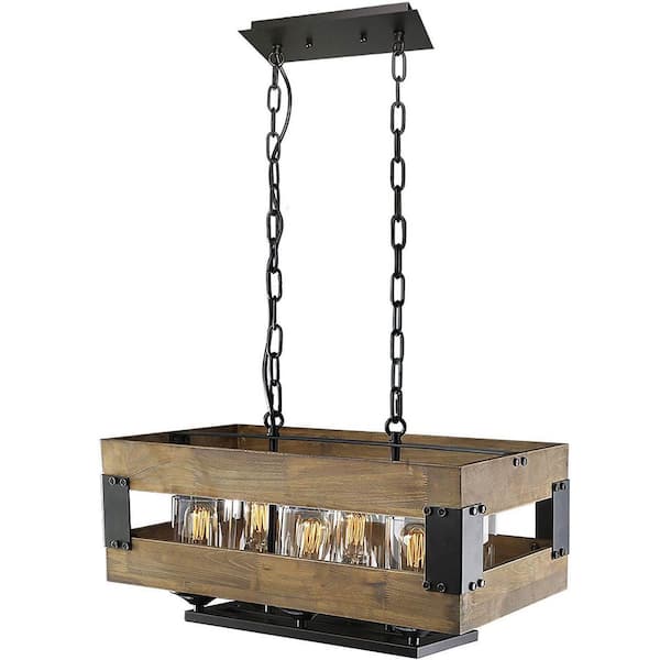 LNC Farmhouse 3-Light Black Island Chandelier with Rectangle Wooden Cage Shade