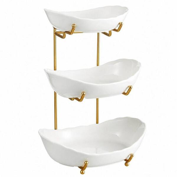 3-Tier White Ceramic Fruit Bowl with Metal Gold Stand, Fruit Basket for Kitchen Counter