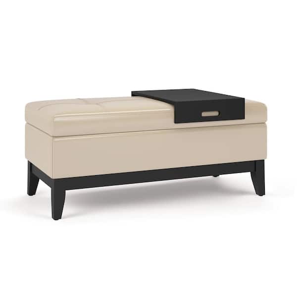 Simpli Home Oregon 42 in. Wide Transitional Rectangle Storage Ottoman Bench with Tray in Satin Cream Vegan Faux Leather