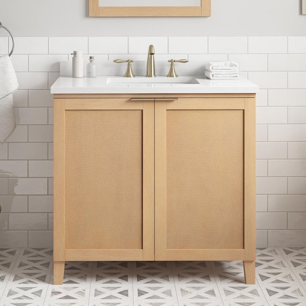 Macy 36 in. Single Sink Rustic Ash Bath Vanity with White Engineered Stone Top (Assembled)