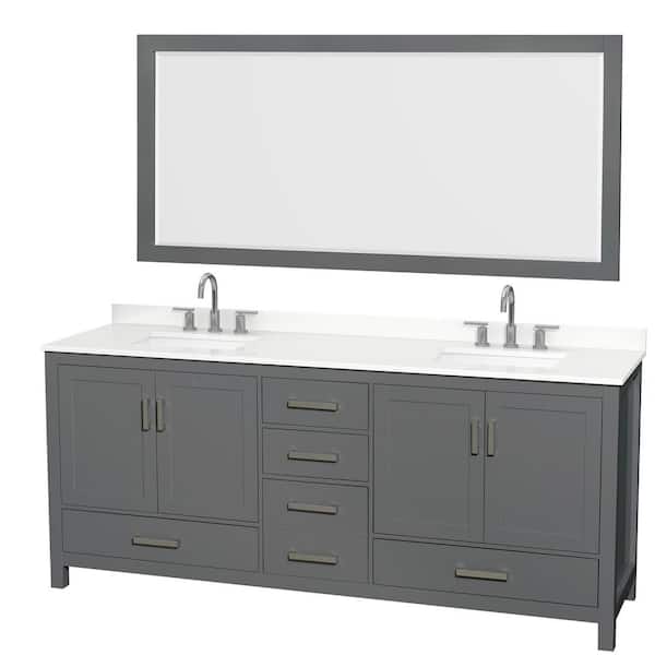 Wyndham Collection Sheffield 80 in. W x 22 in. D x 35 in. H Double Bath Vanity in Dark Gray with White Quartz Top and 70 in. Mirror