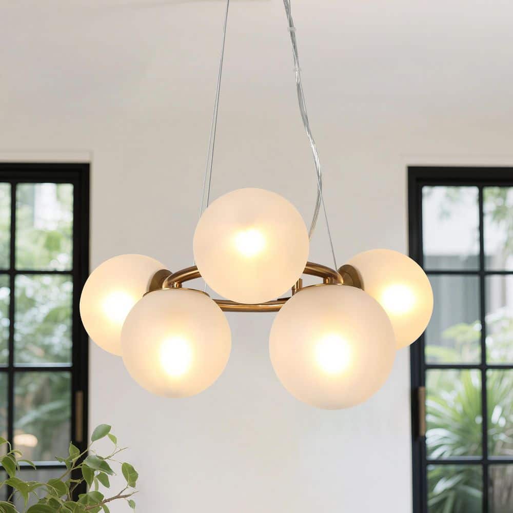 Modern 5-Light Plated Brass Globe Chandelier with White Frosted Glass Shades for Bedroom, Living Room price history on PriceWatchPro