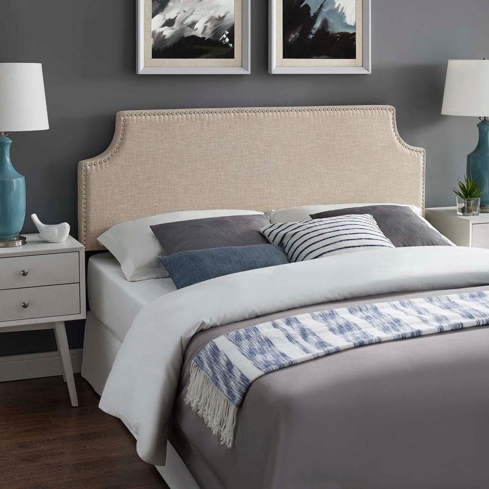 Beige Queen Upholstered Fabric Headboard with Silver Nail Trim