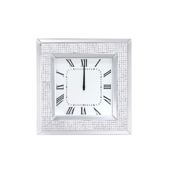 Benjara White Mirror Framed Wooden Analog Wall Clock with Crystal Accents