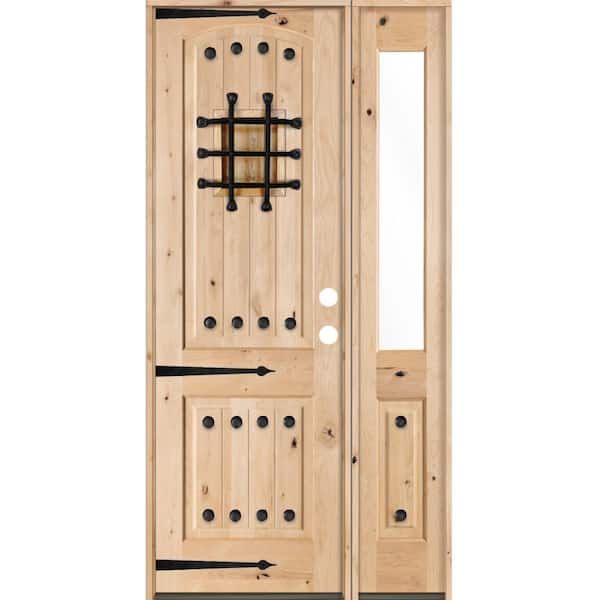 Krosswood Doors 46 in. x 96 in. Mediterranean Unfinished Knotty Alder Arch Left-Hand Right Half Sidelite Clear Glass Prehung Front Door