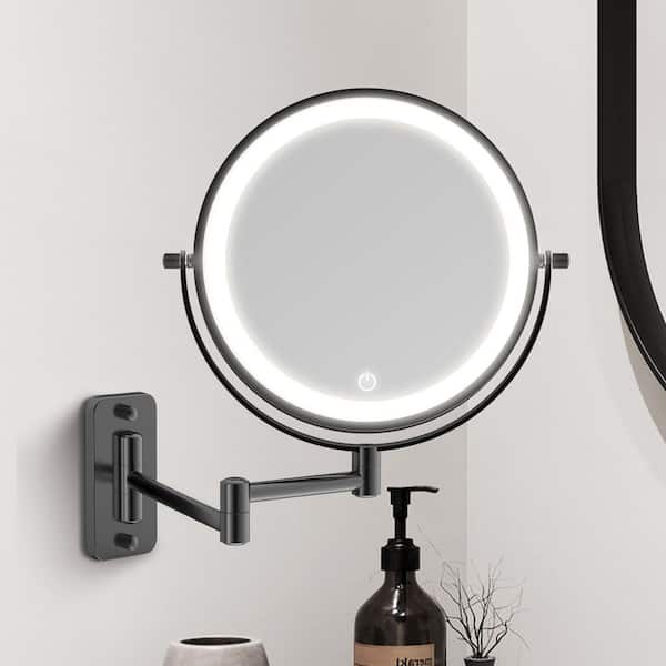 8 in. W x 8 in. H Round LED Vanity Mirror with 3-Color Wall Mounted Bathroom Makeup Mirror 1X/7X Magnification in Black
