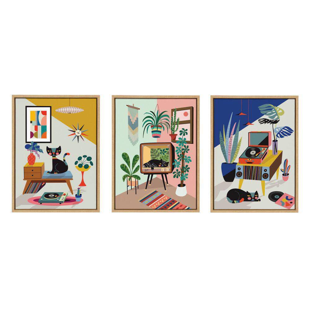Natural Mid-Century Modern Cat Print Canvas Wall Art Set