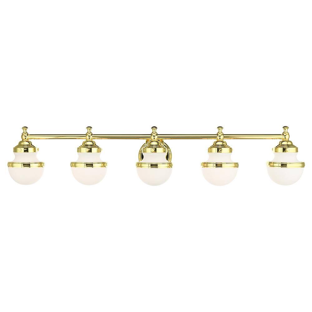 Polished Brass 5-Light Vanity with Satin Opal Glass