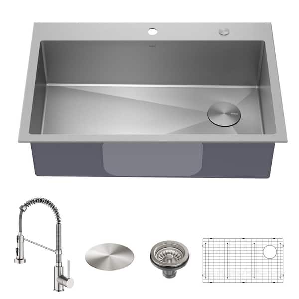 KRAUS Loften All in One 33 in. Drop In/Undermount Single Bowl 18-Gauge Stainless Steel Kitchen Sink with Pull Down Faucet