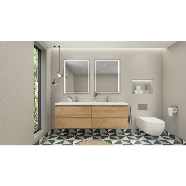 Moreno Bath Bohemia 71 in. W Bath Vanity in New England Oak with Reinforced Acrylic Vanity Top in White with White Basins