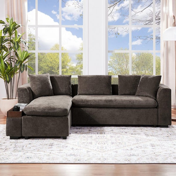 93.7 in. Square Arm Chenille Sectional Sofa with wooden Storage Compartment in. Brown