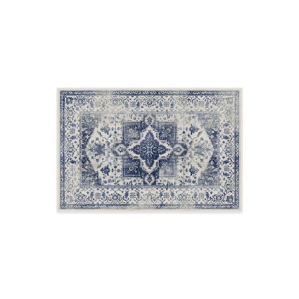 Machine Washable Rug with Standard Pad - Kira Delft Blue 2 ft. x 3 ft.