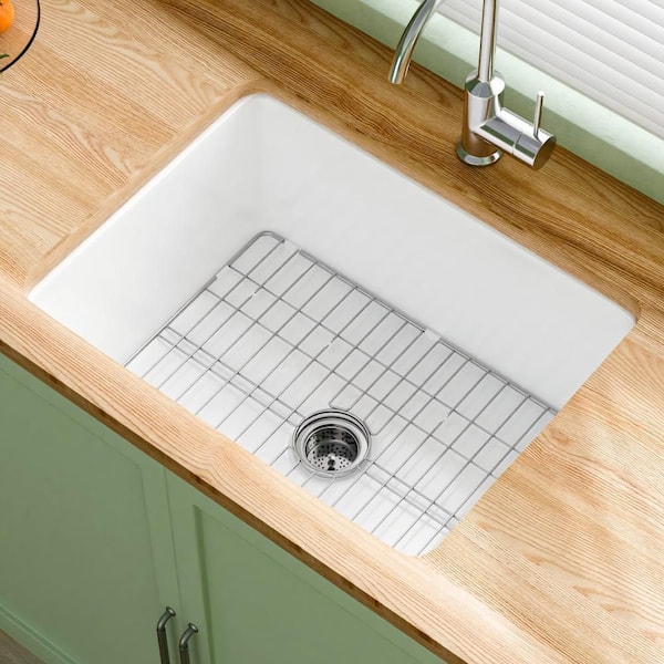 White Fireclay 24 in. Drop-In/Undermount Dual Mount Single Bowl Kitchen Sink Fireclay Kitchen and Sink Grid and Strainer
