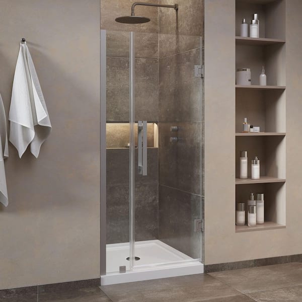 OVE Decors Panama 36 in. L x 36 in. W x 72.01 in. H Alcove Shower Kit with Pivot Frameless Door in Satin Nickel and Shower Pan
