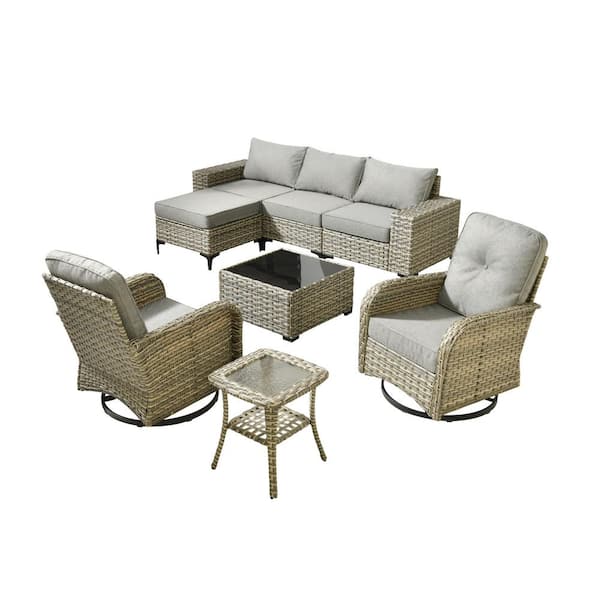 Verano 8-Piece Wicker Patio Conversation Sofa Seating Swivel Rocking Chairs Set with Ottoman and Dark Gray Cushions