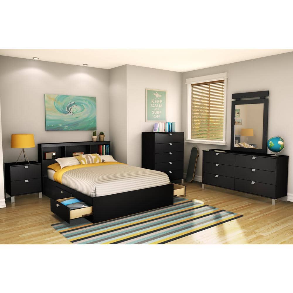 Full Black Wood Bookcase Headboard with Storage