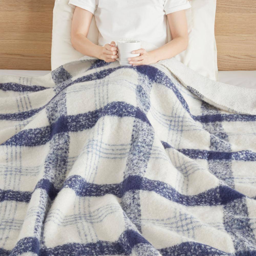 Blue and White Reversible Faux Mohair Sherpa Throw Blanket