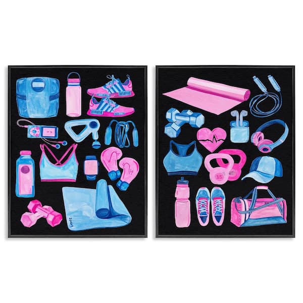 Stupell Industries Exercise Gear Pink and Blue by Melissa Wang 2 Pieces Black Framed Sports Giclee Art Print 30 in. x 24 in.