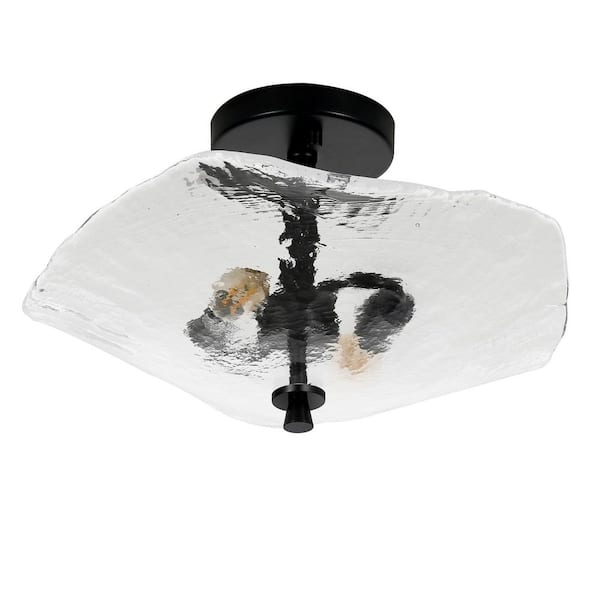 16.5 in. 2-Light Black Semi Flush Mount Ceiling Light Fixture with Water Ripple Glass Shade and No Bulbs Included