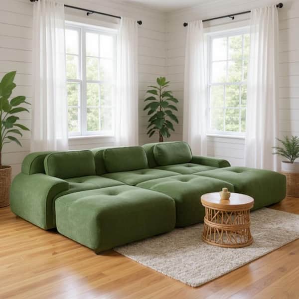 SMZO 117 in. Rolled Arm 5-Piece Corduroy Modular Sectional Sofa, No-Assembly, with Ottoman in. Hunter Green