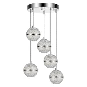 25-Watt 5 lights Chrome Ball intergrated LED Pendant Light with Acrylic Shade