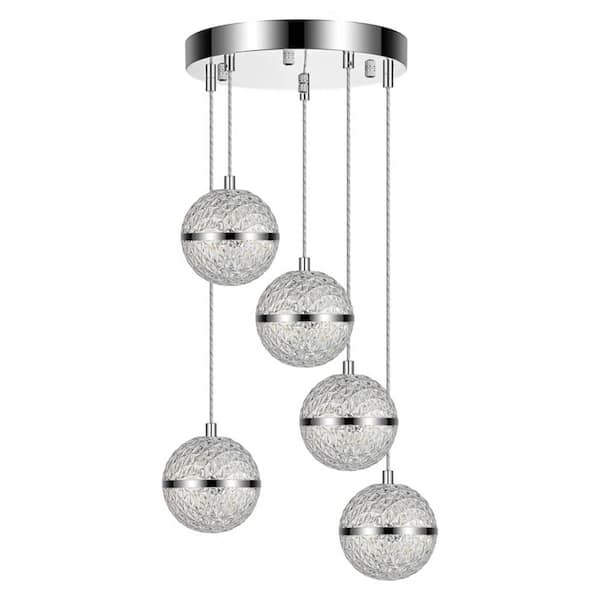25-Watt 5 lights Chrome Ball intergrated LED Pendant Light with Acrylic Shade