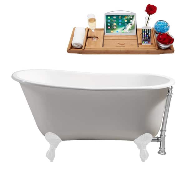 Streamline 53 in. x 28 in. Cast Iron Clawfoot Soaking Bathtub in Glossy White with Matte Black Clawfeet and Polished Chrome Drain