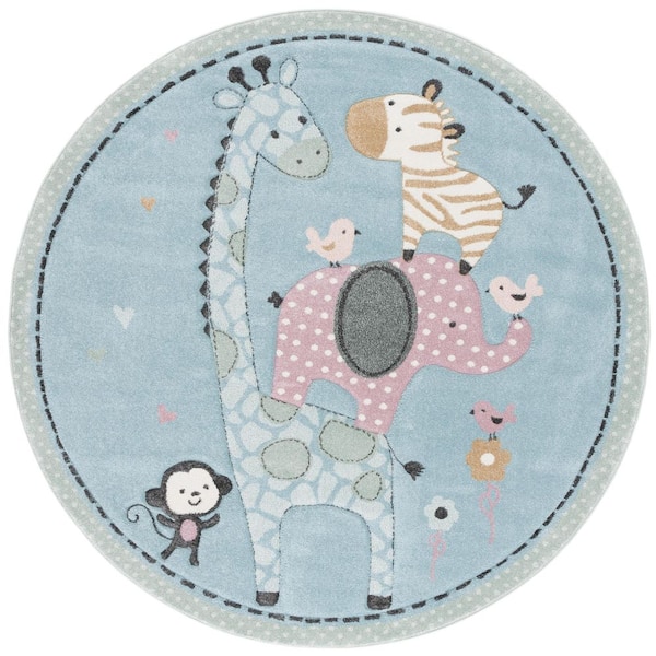 Carousel Kids 7 ft. x 7 ft. Blue Animal Print Round Rug