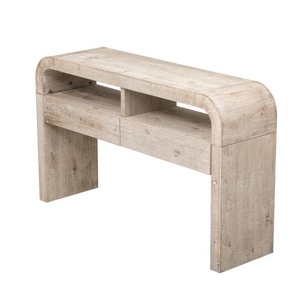 52 in. Natural Wood Console Table with Shelves & Drawers