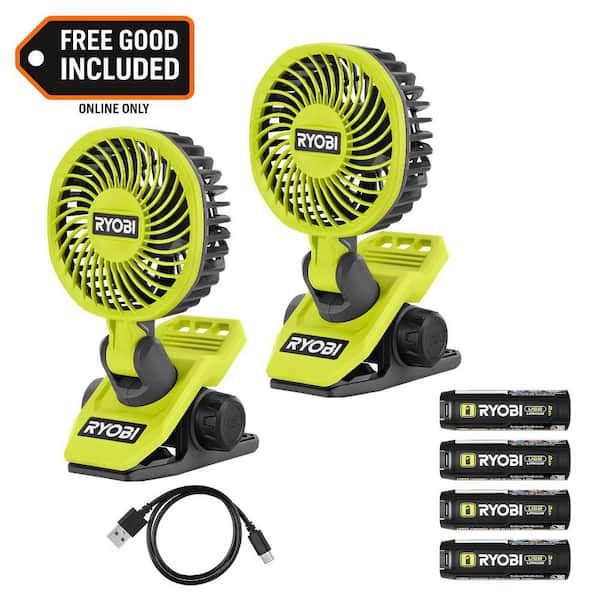 USB Lithium Clamp Fan Kit 2-Pack with (2) 2.0 Ah USB Batteries and Charging Cable and (2) 3.0 Ah USB Lithium Batteries