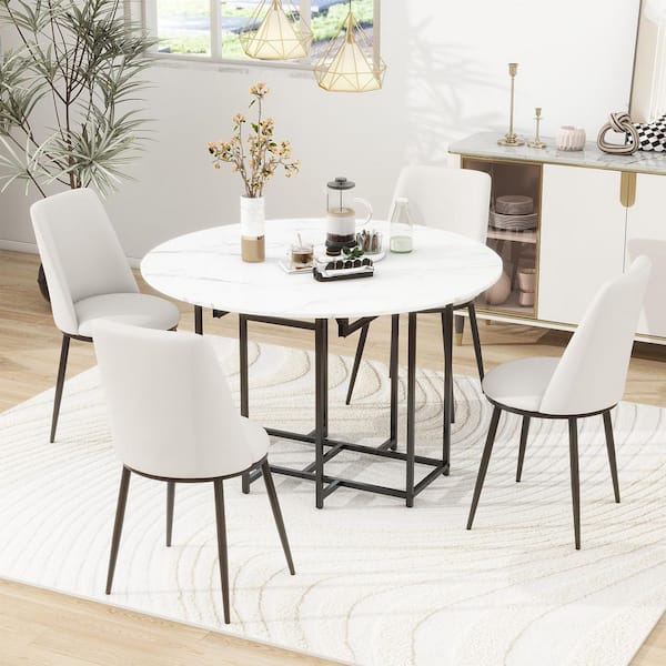 5-Piece Extendable White Round Faux Marble Top Kitchen Dining Table Set Seats 4-with 4-Beige Upholstered Chairs