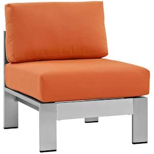 Shore Armless Patio Aluminum Outdoor Lounge Chair in Silver with Orange Cushions