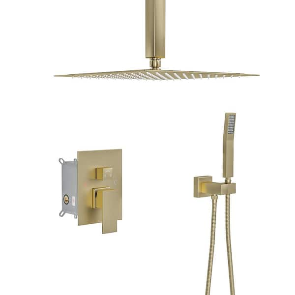Logmey 2-Spray Patterns with 1.8 GPM 12 in. Ceiling Mount Dual Shower Heads with Rain Mixer Shower Combo in Gold