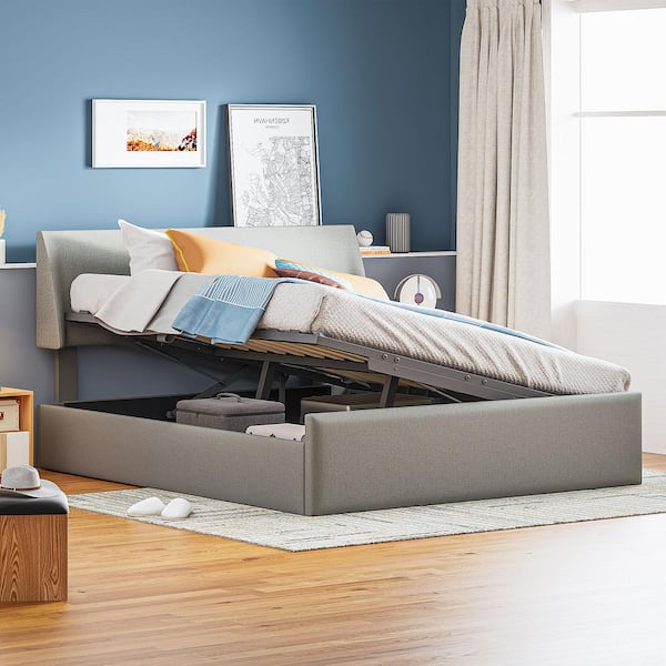 Harper & Bright Designs Gray Wood Frame Queen Size Linen Sleigh Bed with Side-Tilt Hydraulic Storage System