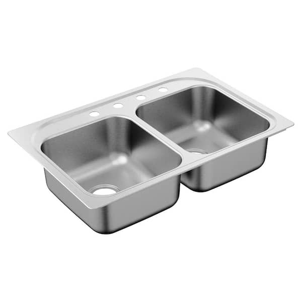 MOEN 2000 Series Drop-In Stainless Steel 33 in. 4-Hole Double Bowl ...