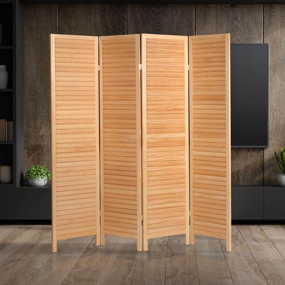 Natural 6 ft. Tall Wooden Louvered 4-Panel Room Divider