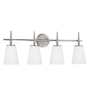 Driscoll 30 in. 4-Light Contemporary Modern Brushed Nickel Wall Bathroom Vanity Light with Etched White Glass Shades