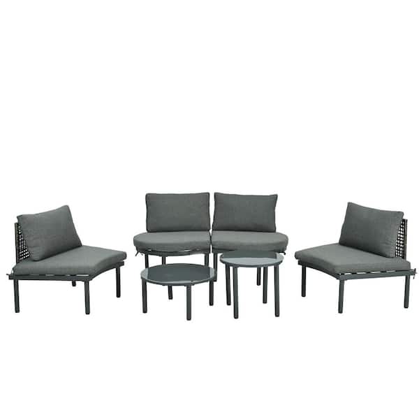 6-Piece Half Moon Wicker Outdoor Sectional Set with High-Low Coffee Tables and Gray Cushions