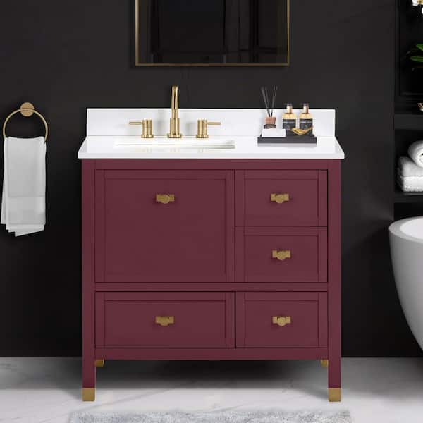 Alana 37 in. Single Sink Burgundy Red Bath Vanity with White Engineered Stone Top