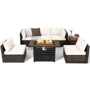 7-Pieces Patio Rattan Furniture Set 42 in. Fire Pit Table with Cover Cushioned Off White